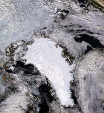 Satellite image of a snow and ice-covered Greenland in 2000 by National Aeronautics and Space Administration National Aeronautics and Space Administration